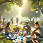 People enjoying a peaceful summer day with diabetes care items in a shaded park