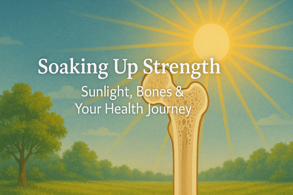 Cross-section of a femur bone under a bright sun with centered health-themed text