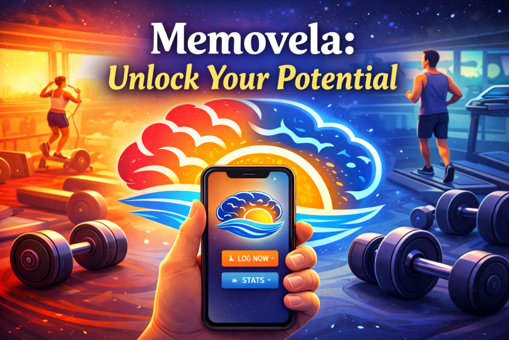 Illustration of the Memovela wellness tracking app displayed on a smartphone in a gym environment with the slogan “Unlock Your Potential,” promoting healthy habits for insulin resistance, diabetes prevention, and brain health.