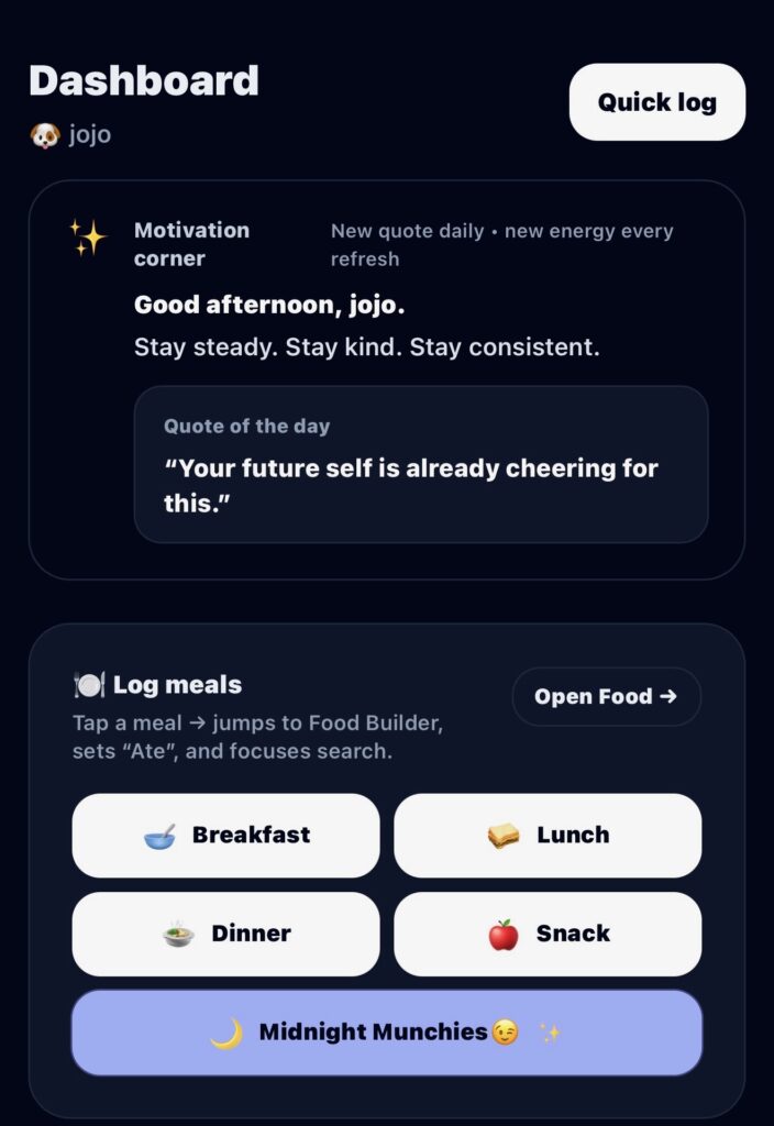 Memovela wellness dashboard showing daily motivation, meal logging options, and healthy habit tracking for insulin resistance and brain health.