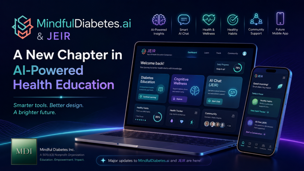 MindfulDiabetes.ai and JEIR AI-powered health education tool shown on modern laptop and mobile screens with diabetes and cognitive wellness icons.
