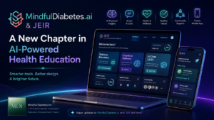 MindfulDiabetes.ai and JEIR AI-powered health education tool shown on modern laptop and mobile screens with diabetes and cognitive wellness icons.