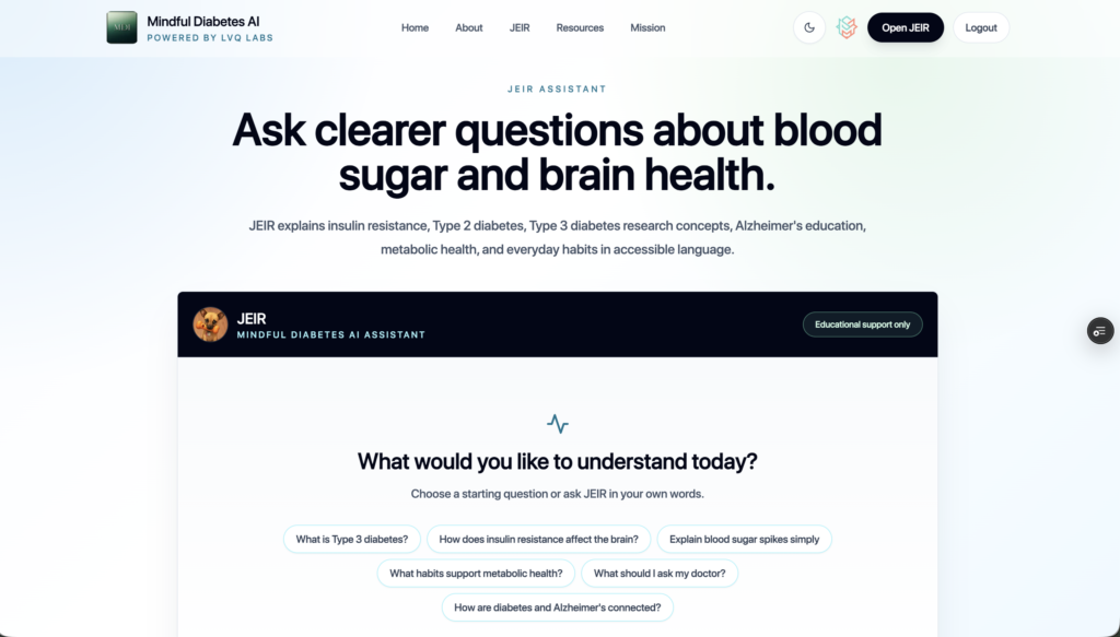 Mindful Diabetes AI powered by LVQ Labs homepage showing JEIR assistant for blood sugar, insulin resistance, Type 3 diabetes, and brain health education.