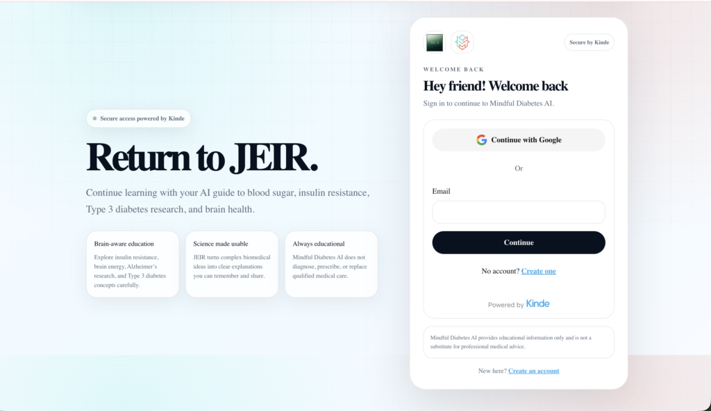 Mindful Diabetes AI login page for returning to JEIR, featuring secure Kinde access, Google sign-in, email login, and educational support for blood sugar and brain health.